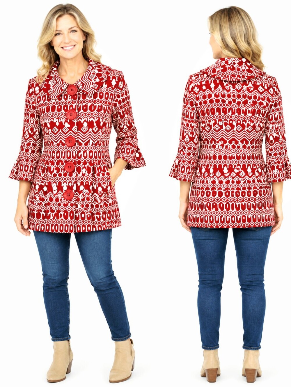 Eden Court Red Geometric Print Trench Coat with Big Buttons, Size Large